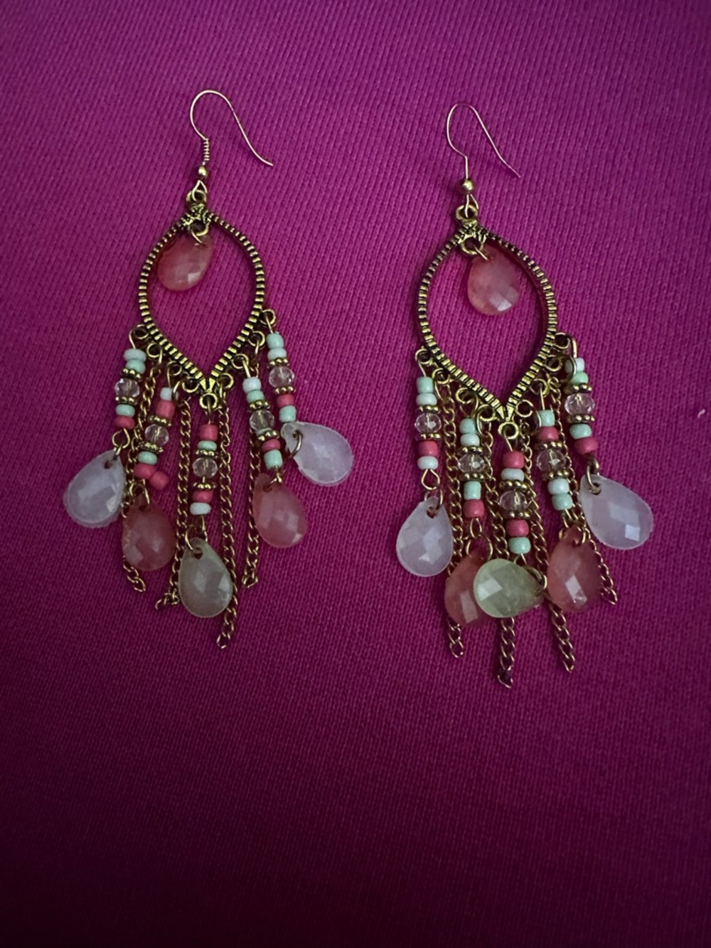 Bohemian Pink Teardrop Dangle Earrings - Unbranded